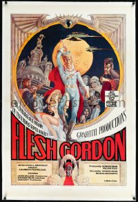 1h1074 FLESH GORDON linen 1sh 1974 sexy sci-fi spoof, wacky erotic super hero art by George Barr!