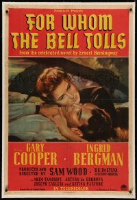 1h1081 FOR WHOM THE BELL TOLLS linen 1sh 1943 Armando Seguso art of Gary Cooper & Ingrid Bergman!