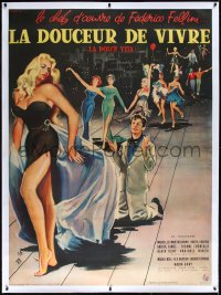 1h0122 LA DOLCE VITA linen French 1p 1960 Federico Fellini, art of Mastroianni & sexy Ekberg by Thos!