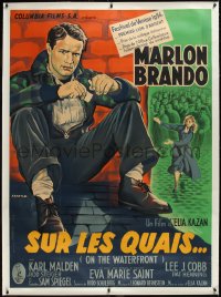 1h0128 ON THE WATERFRONT linen style B French 1p 1955 Kazan, Arnstam art of Brando, ultra rare!