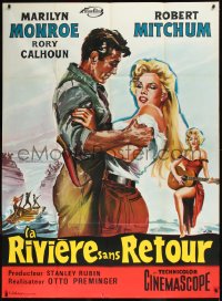 1h0370 RIVER OF NO RETURN French 1p R1950s Belinsky art of Robert Mitchum & sexy Marilyn Monroe!
