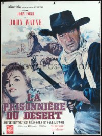 1h0129 SEARCHERS linen French 1p R1964 different Jean Mascii art of John Wayne & Natalie Wood, rare!