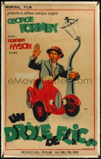 1h0105 SPARE A COPPER linen French 29x47 1947 artwork of wacky George Formby in tiny car by DM, rare!