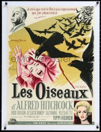 1h0778 BIRDS linen French 22x30 1963 Grinsson art of Alfred Hitchcock, Tippi Hedren & Tandy attacked!
