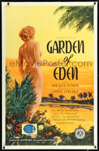 1h1091 GARDEN OF EDEN linen 1sh 1954 Florida nudist camp on the beach, wonderful sexy artwork!