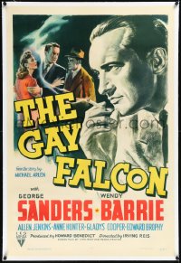 1h1094 GAY FALCON linen 1sh 1941 c/u art of smoking George Sanders, Wendy Barrie, 1st of the series!