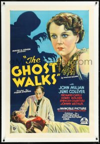 1h1098 GHOST WALKS linen 1sh 1934 art of apparition looming over scared June Collyer, ultra rare!