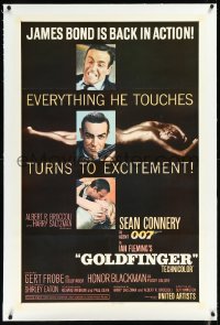 1h1104 GOLDFINGER linen 1sh 1964 three great images of Sean Connery as James Bond with flat finish!