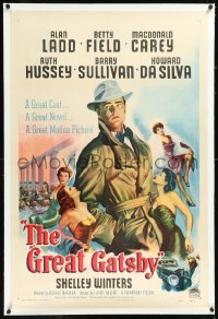 1h1109 GREAT GATSBY linen 1sh 1949 misleading art of Alan Ladd in trench coat surrounded by sexy women!
