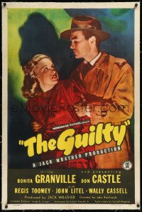 1h1112 GUILTY linen 1sh 1947 Bonita Granville plays twins, from a noir story by Cornel Woolrich!