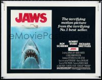 1h0481 JAWS linen 1/2sh 1975 great art of Steven Spielberg's classic shark attacking sexy swimmer!