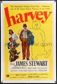 1h1119 HARVEY linen 1sh 1950 great image of James Stewart standing by his 6 foot imaginary rabbit!