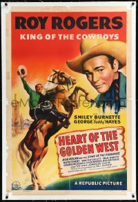 1h1121 HEART OF THE GOLDEN WEST linen 1sh 1942 art of Roy Rogers c/u & on rearing Trigger, rare!