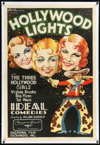 1h1130 HOLLYWOOD LIGHTS linen 1sh 1932 Fatty Arbuckle directed, art of 3 Hollywood Girls, ultra rare!