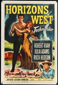 1h1131 HORIZONS WEST linen 1sh 1952 Robert Ryan, Julia Adams, Rock Hudson, Budd Boetticher directed!