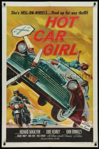 1h0270 HOT CAR GIRL 1sh 1958 she's Hell-on-wheels, fired up for any thrill, classic car racing art!