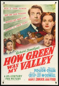 1h1134 HOW GREEN WAS MY VALLEY linen style B 1sh 1941 John Ford, Pidgeon, O'Hara, Best Picture, rare!