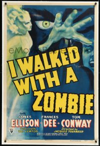 1h1137 I WALKED WITH A ZOMBIE linen 1sh 1943 classic Lewton & Tourneur, incredible art, very rare!
