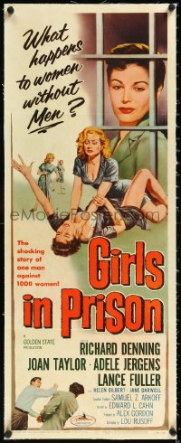 1h0427 GIRLS IN PRISON linen insert 1956 classic sexy bad girl cat fight art, girls without men, rare!