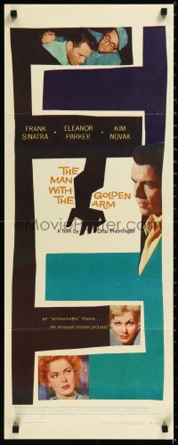 1h0466 MAN WITH THE GOLDEN ARM insert 1956 Frank Sinatra is hooked, classic Saul Bass art & design!