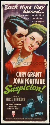 1h0455 SUSPICION insert R1953 Alfred Hitchcock, cool art of Cary Grant & Joan Fontaine, very rare!