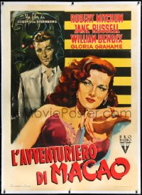 1h0147 MACAO linen Italian 1p 1952 Josef von Sternberg, Tempesti art of Jane Russell & Mitchum, rare!
