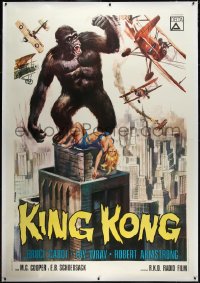1h0167 KING KONG linen Italian 2p R1966 great art of giant ape & sexy Fay Wray on Empire State Building!