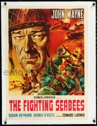1h0772 FIGHTING SEABEES linen Italian 20x28 R1960s cool different art of John Wayne in World War II!