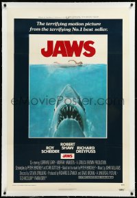 1h1147 JAWS linen int'l 1sh 1975 Kastel art of Spielberg's man-eating shark attacking sexy swimmer!
