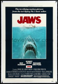 1h1148 JAWS linen domestic 1sh 1975 Kastel art of Spielberg's man-eating shark attacking sexy swimmer!