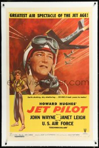 1h1149 JET PILOT linen 1sh 1957 great artwork of John Wayne, jet-hot thrills, Howard Hughes!