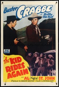 1h1157 KID RIDES AGAIN linen 1sh 1943 Buster Crabbe as Billy the Kid is held at gunpoint, ultra rare!