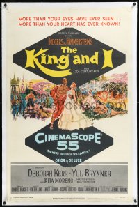 1h1159 KING & I linen 1sh 1956 art of Deborah Kerr & Yul Brynner in Rodgers & Hammerstein's musical!