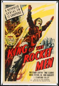 1h1162 KING OF THE ROCKET MEN linen 1sh 1949 cool pulp-like art of him flying, Republic serial, rare!