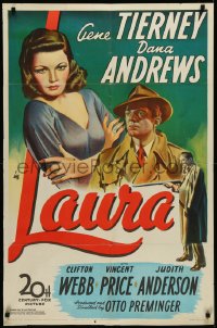 1h0274 LAURA 1sh 1944 art of Dana Andrews between Gene Tierney & Vincent Price, classic noir, rare!