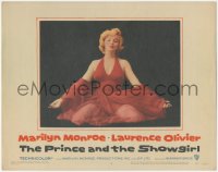 1h0331 PRINCE & THE SHOWGIRL LC #8 1957 classic c/u of sexiest Marilyn Monroe kneeling in red dress!