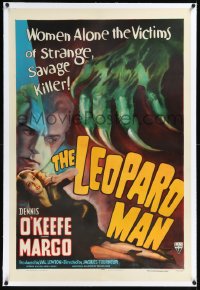 1h1171 LEOPARD MAN linen 1sh 1943 Jacques Tourneur, Val Lewton, colorful cat claw horror art, rare!