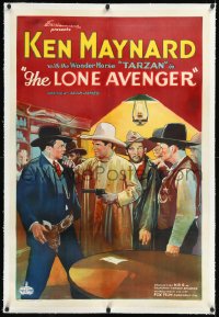 1h1179 LONE AVENGER linen 1sh 1933 art of Ken Maynard & sheriff disarming bad guy, ultra rare!