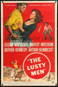 1h1189 LUSTY MEN linen 1sh 1952 art of Robert Mitchum with sexy Susan Hayward & riding on bull!