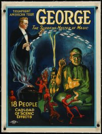 1h0650 GEORGE THE SUPREME MASTER OF MAGIC linen 20x27 magic poster 1920s art w/Buddha & devils, rare!