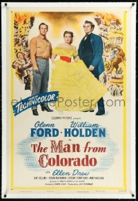 1h1196 MAN FROM COLORADO linen 1sh 1948 sexy Ellen Drew caught between Glenn Ford & William Holden!
