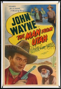 1h1197 MAN FROM UTAH linen 1sh R1947 great images of young John Wayne & Gabby Hayes!
