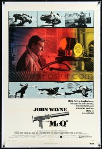 1h1209 McQ linen 1sh 1974 John Sturges, John Wayne is a busted cop with an unlicensed gun!