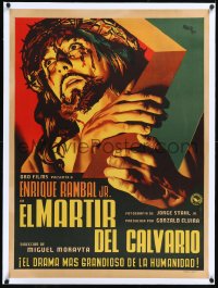 1h0801 EL MARTIR DEL CALVARIO linen Mexican poster 1952 Renau art of Jesus Christ with cross, rare!