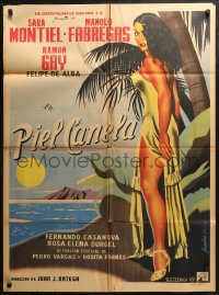 1h0347 PIEL CANELA Mexican poster 1953 Juanino art of sexy tropical Sara Montiel by the ocean!