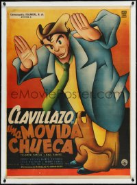 1h0805 UNA MOVIDA CHUECA linen Mexican poster 1956 Clavillazo tests a drug that shows him the future!