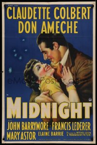 1h0275 MIDNIGHT 1sh 1939 great art of Claudette Colbert in the arms of Don Ameche, ultra rare!