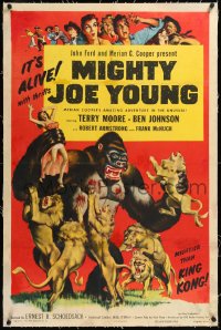 1h1215 MIGHTY JOE YOUNG linen 1sh R1953 first Ray Harryhausen, art of ape rescuing girl from lions!