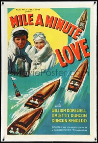 1h1216 MILE A MINUTE LOVE linen 1sh 1937 great art of William Bakewell, Arletta Duncan & speedboats!