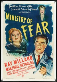 1h1218 MINISTRY OF FEAR linen 1sh 1944 Fritz Lang, cool noir image of Ray Milland & Marjorie Reynolds!